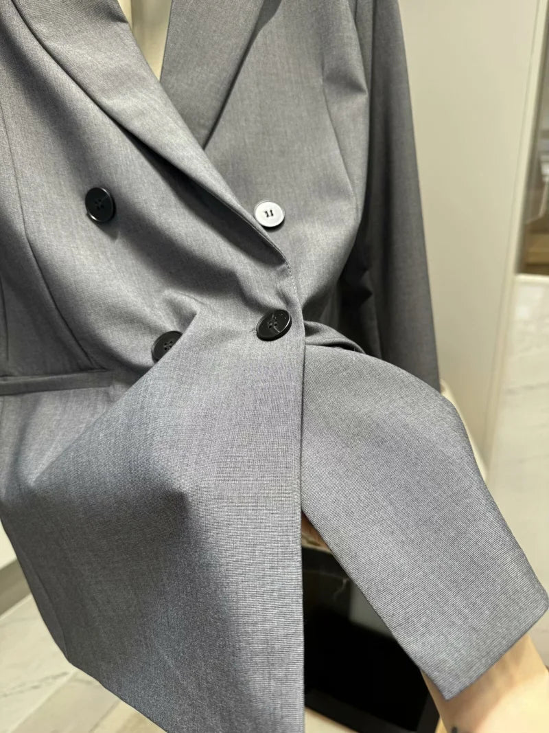 ETJ 2025 TRAF Women's Spring New suit Set with shoulder padded double-breasted blazer & high-waisted pleated wide-legged pants