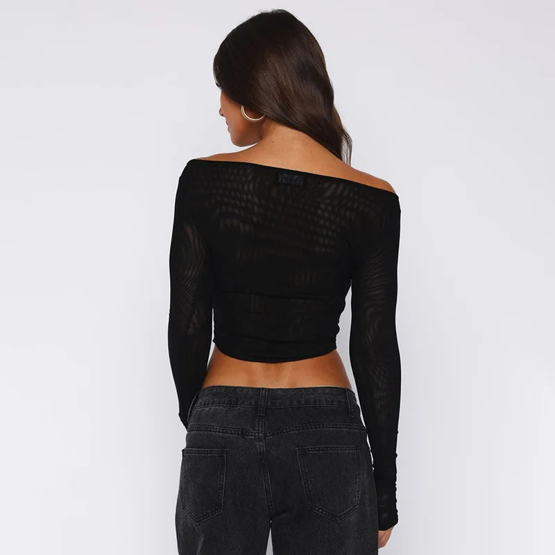 Female's Autumn T-Shirt Sheer Mesh Off-Shoulder Curved Hem Pullover Long Sleeve Women's Top Comfortable Clothing For Lady