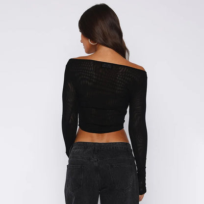Female's Autumn T-Shirt Sheer Mesh Off-Shoulder Curved Hem Pullover Long Sleeve Women's Top Comfortable Clothing For Lady