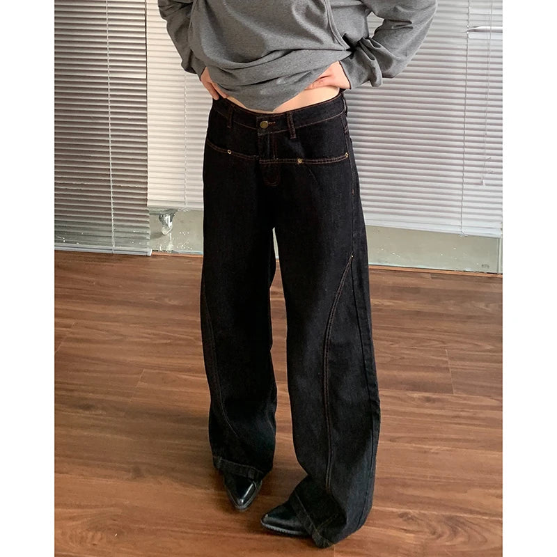 2024 Blue Women Jeans High Waist Vintage Straight Baggy Denim Pants Streetwear Y2K American Style Fashion Wide Leg Denim Trouser