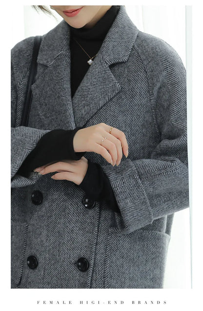 New Elegant Women Mid-length Woolen Coats Office Lady Autumn Winter Korean Loose Warm Thick Wool Blend Jackets Female Outerwear
