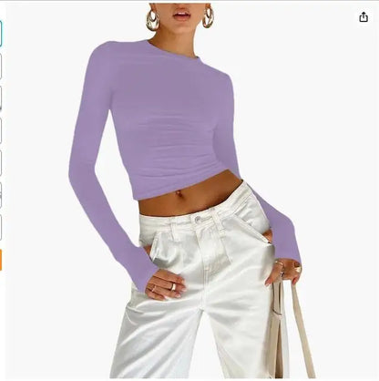Fashion Women T-shirt Long Sleeve Crew Neck Solid Slim Fit Ladies Crop Top with Thumb Holes for Daily Streetwear Summer Camis