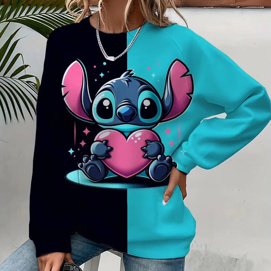 Autumn Fun Print Long Sleeve Top 2025 New Cartoon Disney Cute Lilo & Stitch Ladies Sweatshirt Crew Neck Loose Pullover