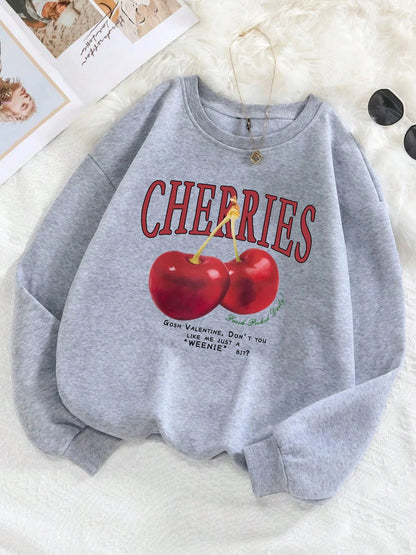 Fashion Women's Sweatshirts Bright Red Cherry Print Pullover Crew Neck Soft Breathable Hoodie Autumn Women Streetwear Graphic