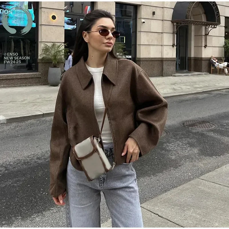 Stand Collar Women Winter Woolen Coats Single Breasted Loose Female Long Sleeve Jacket  Autumn Office Lady Street Short Coat
