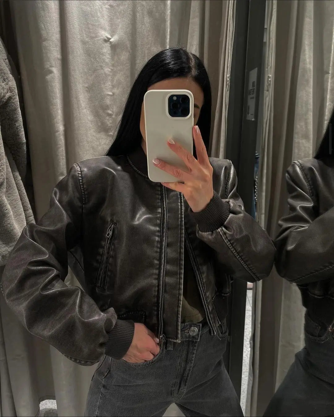RARF Women Washed Leather Loose Jacket Vintage Stand Collar Gradient Zipper Short Coat Spring Lady Locomotive Style Chic Coat