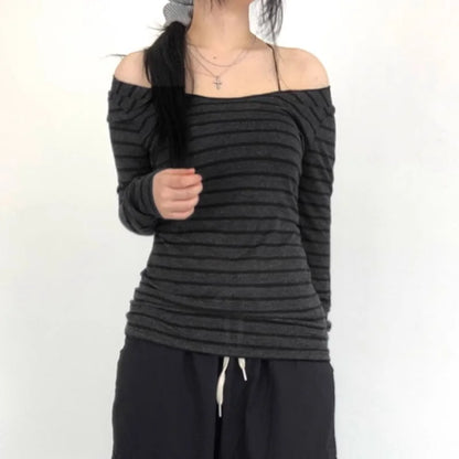 Y2K Grunge Emo 00s Vintage T-Shirt Black Grey Striped Off Shoulder Long Sleeve Jumper Top Chic Women Autumn Retro Goth Tee Shirt