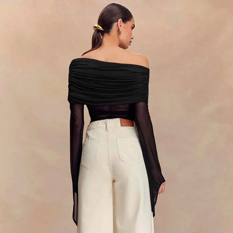 Off Shoulder Autumn Female's T-Shirt Solid Color Asymmetric Slash Neck Patchwork Women's Top Sexy Long Sleeve T-Shirt For Lady