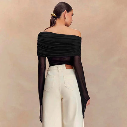 Off Shoulder Autumn Female's T-Shirt Solid Color Asymmetric Slash Neck Patchwork Women's Top Sexy Long Sleeve T-Shirt For Lady