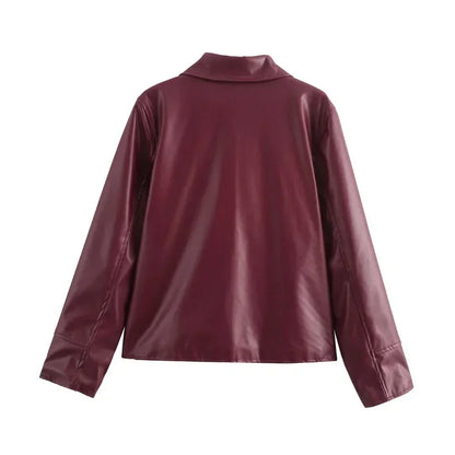 Zekye Spring Summer Women Jackets Fashion Lapel Zipper Long Sleeve Female Coats Lady Street Outwear Burgundy Leather Jacket