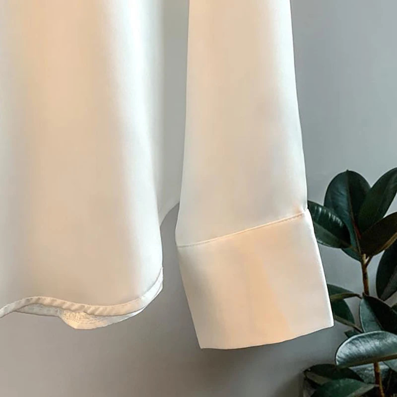 Elegant Black White Shirt Women Spring Autumn Long Sleeve Silk Satin Blouses For Women Fashion Turn Down Collar Button Shirt