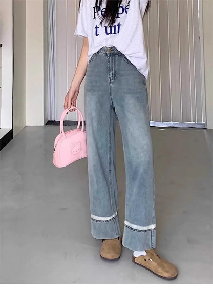 High Waist Straight Leg Jeans Women's plus Size Body Slimming Nine Points Wide Leg Pants Fat Sister MM Fashionable Clothing