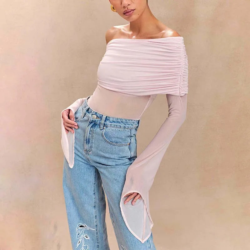 Off Shoulder Autumn Female's T-Shirt Solid Color Asymmetric Slash Neck Patchwork Women's Top Sexy Long Sleeve T-Shirt For Lady