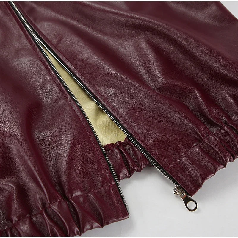Zekye Spring Summer Women Jackets Fashion Lapel Zipper Long Sleeve Female Coats Lady Street Outwear Burgundy Leather Jacket