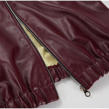 Zekye Spring Summer Women Jackets Fashion Lapel Zipper Long Sleeve Female Coats Lady Street Outwear Burgundy Leather Jacket