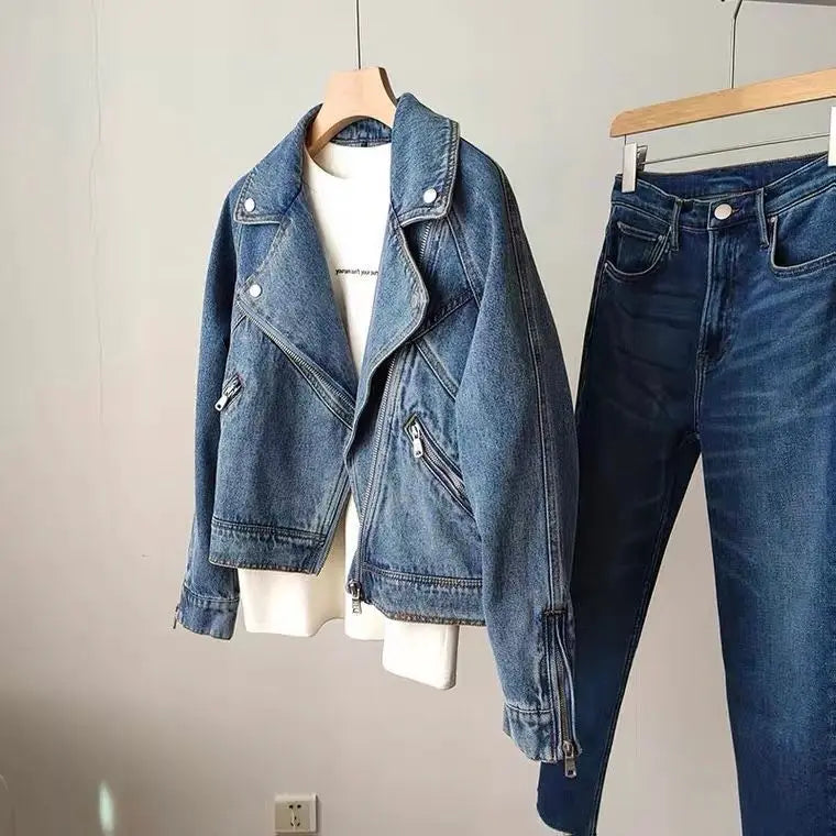 Motorcycle Zipper Long Sleeved Denim Jacket for Women Denim Jacket Spring Autumn Female Jeans Jacket Women Outerwear