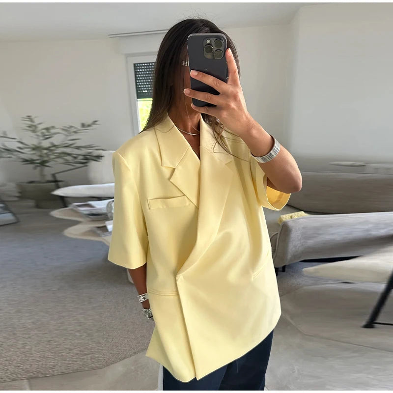 Women's Suit Jackets Loose Lapel One Button Short Sleeve Blazers 2025 Summer Elegant Lady Office Outwear Street