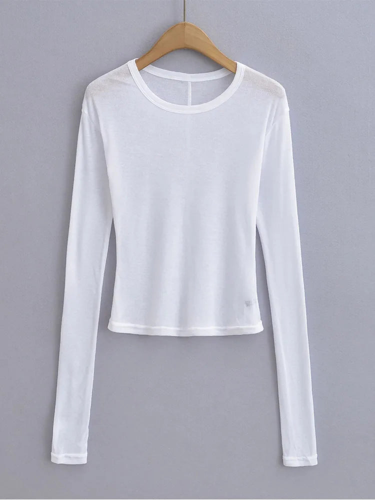 Women Crew Neck Fitted Long Sleeve Semi Sheer T-shirt