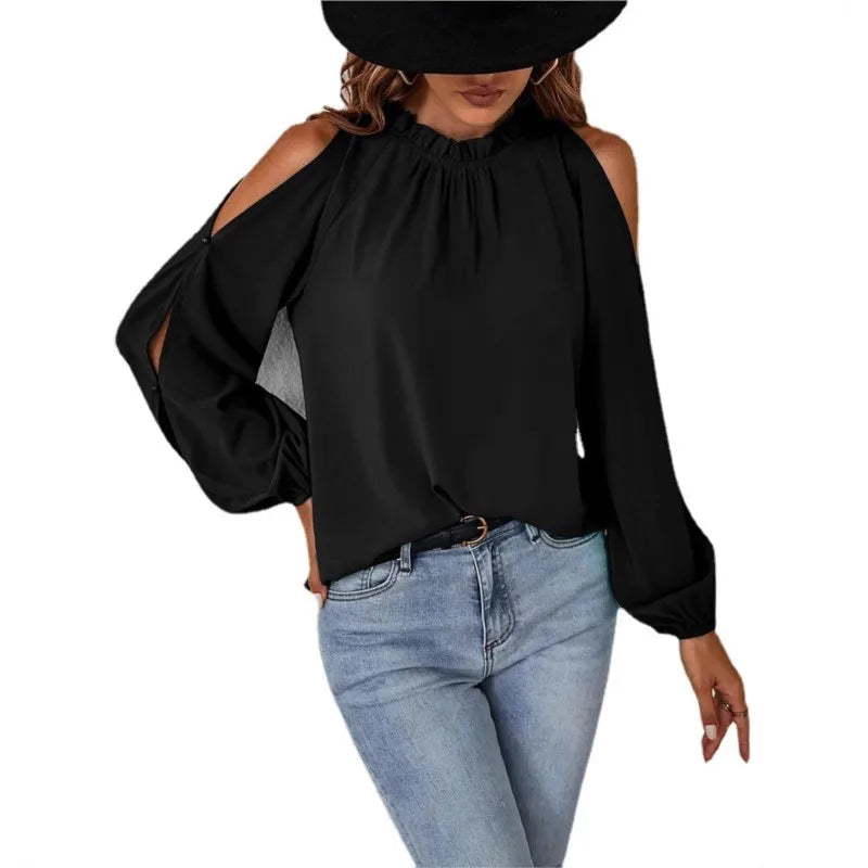 Fashion lotus leaf pleat semi high neck off shoulder hollowed out long sleeved top spring autumn women's elegant temperament top