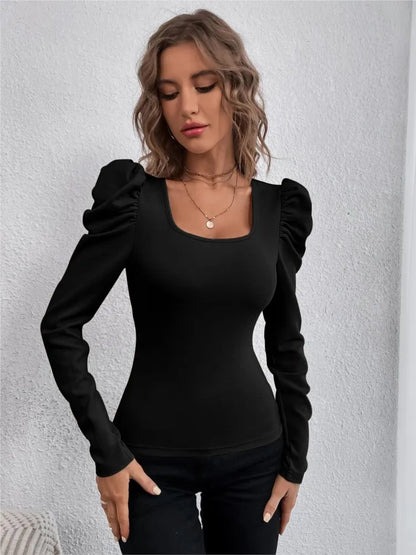 2025 Autumn Winter New Women's Fashion Square Neck Slimming Sheep Leg Sleeve Knitted Long Sleeve T-shirt Commuter Top