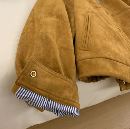 Suede Short Jacket Women Korean Camel Fashion Long Sleeve Flight Suit Harajuku Single Breasted Loose Tops Female Vintage Coats
