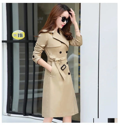 Windbreaker Women's Long British 2023 Spring And Autumn New Coat Korean Double Breasted Ladies Knee-High Coat Lace-Up Trench