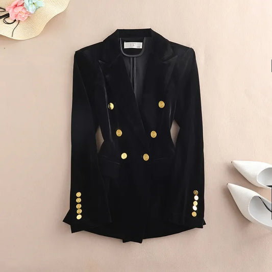 Spring Autumn New Canary Velvet Blazer Women Double Breasted Pocket Fashion Slim Suit Jacket Female Elegant Blazers Coat W815
