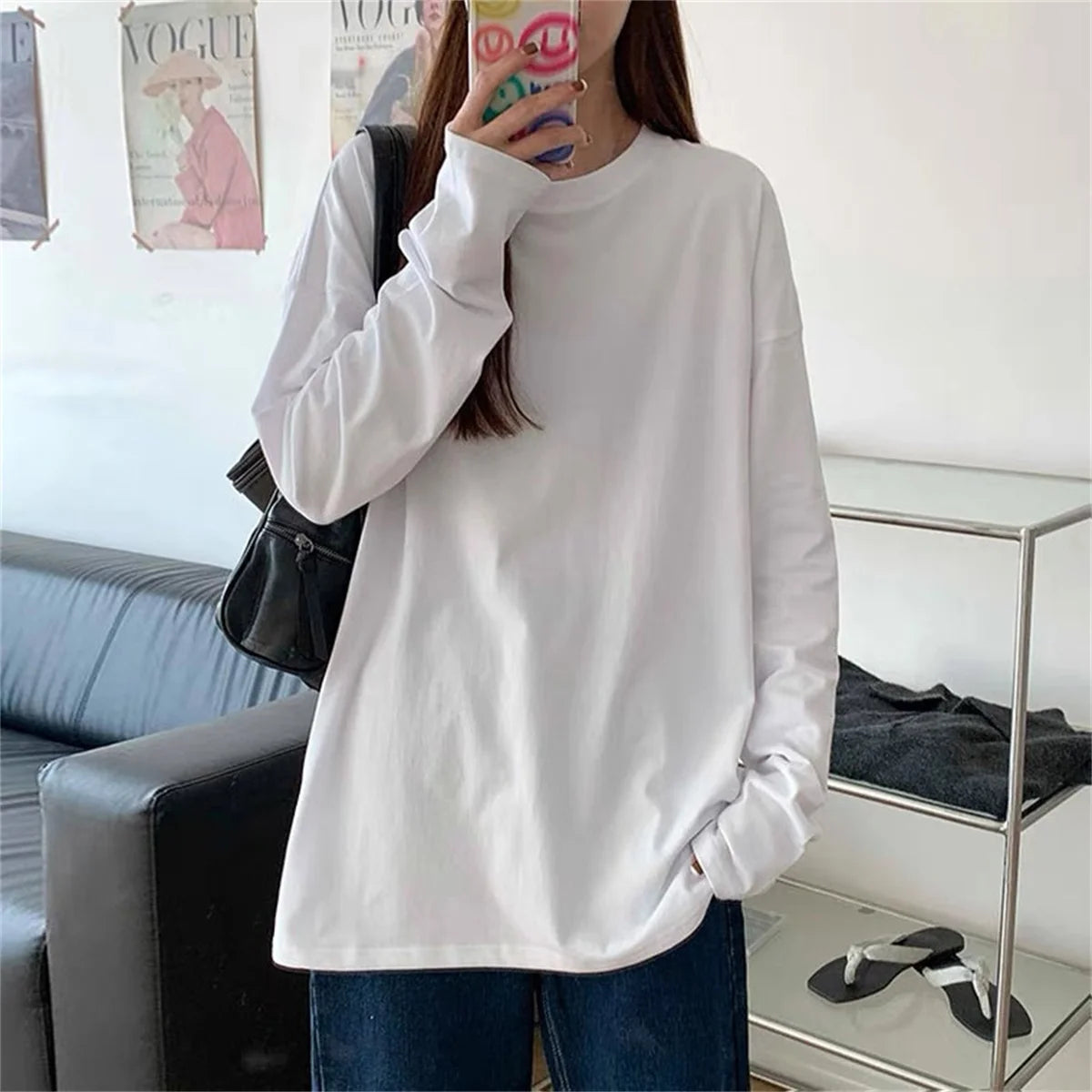 Fashion Autumn Long sleeve T-Shirt Women Basic Tee Shirt Oversize T Shirt Women Casual O-neck Women Tshirt Black White