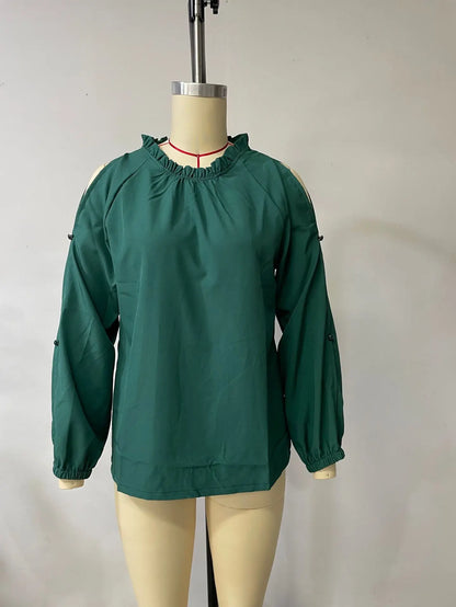 Fashion lotus leaf pleat semi high neck off shoulder hollowed out long sleeved top spring autumn women's elegant temperament top