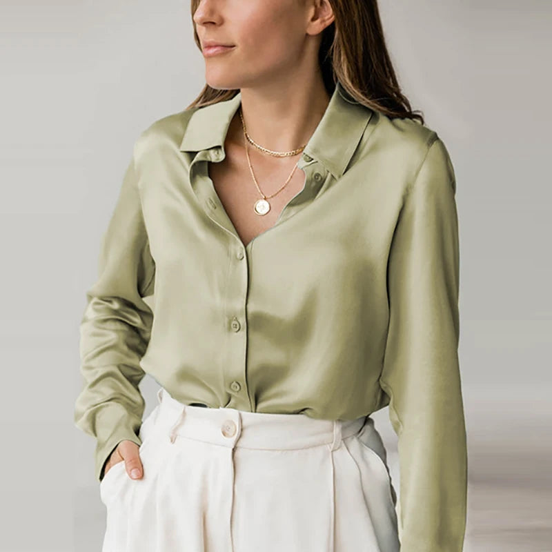 Elegant Black White Shirt Women Spring Autumn Long Sleeve Silk Satin Blouses For Women Fashion Turn Down Collar Button Shirt