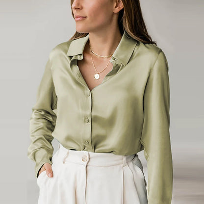 Elegant Black White Shirt Women Spring Autumn Long Sleeve Silk Satin Blouses For Women Fashion Turn Down Collar Button Shirt