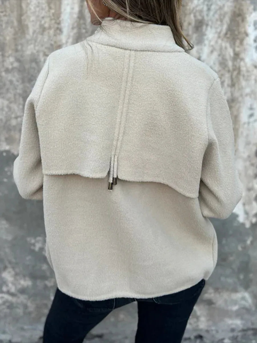 New Casual Zipper Cardigan Wool Jacket For Women's 2025 New Fashion Stand Collar Tether Pocket Loose Versatile Female Wool Coat