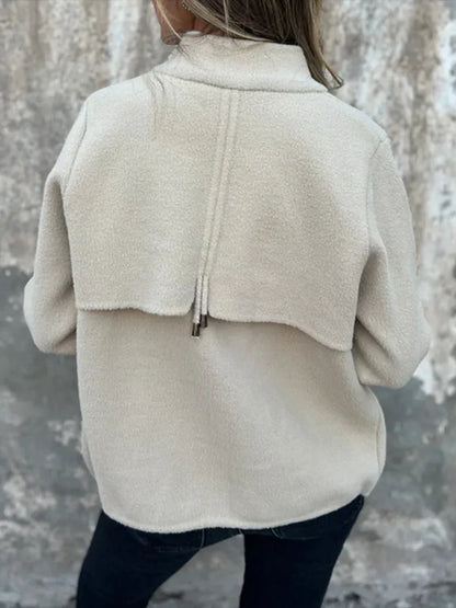 New Casual Zipper Cardigan Wool Jacket For Women's 2025 New Fashion Stand Collar Tether Pocket Loose Versatile Female Wool Coat