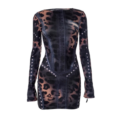 CUTENOVA 2024 Autumn And Winter New Women'S Fashion Leopard Print Slim Flared Long-Sleeved Package Hip Short Skirt Dresses Y2K