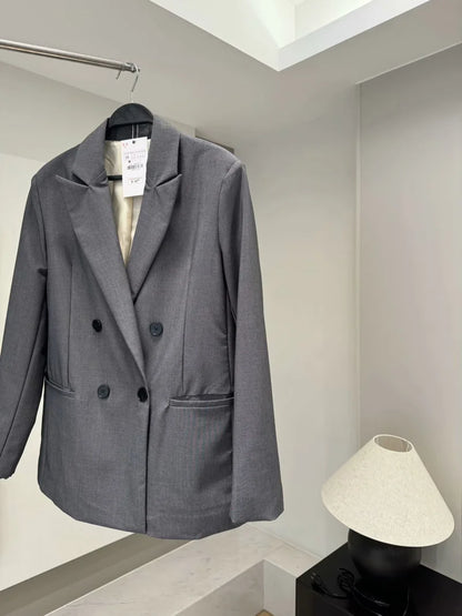 ETJ 2025 TRAF Women's Spring New suit Set with shoulder padded double-breasted blazer & high-waisted pleated wide-legged pants