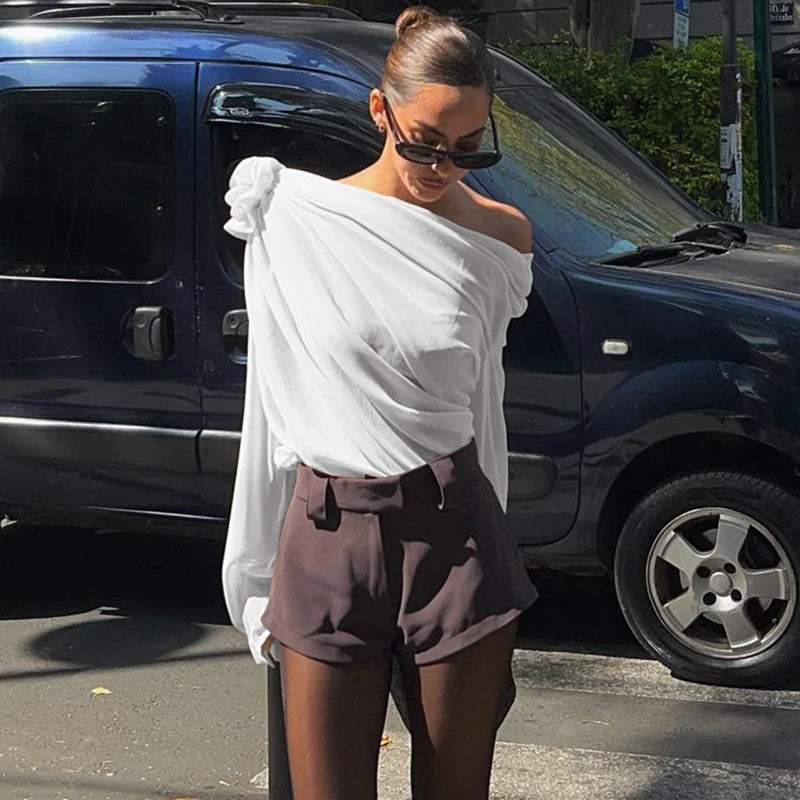 Candyhot Irregular Sexy Off Shoulder Oblique-neck Flower Applique T Shirt French Fashion Long Sleeve Crop Tops Chic Mesh Camis