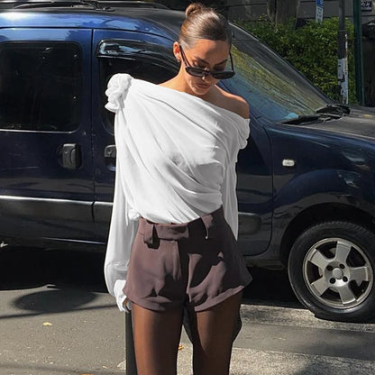 Candyhot Irregular Sexy Off Shoulder Oblique-neck Flower Applique T Shirt French Fashion Long Sleeve Crop Tops Chic Mesh Camis