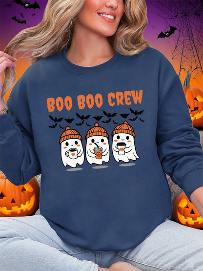 Boo Boo Crew Ghost Prints Halloween Sweatshirt Women Winter Fleece Warm Hoodies Crewneck Loose Pullovers Casual Soft Clothes