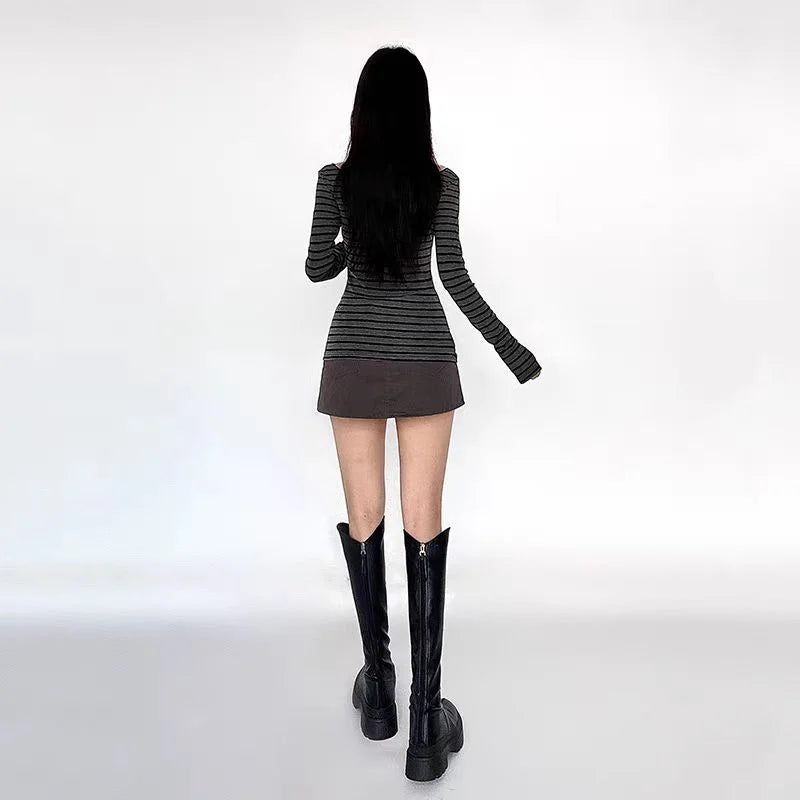 Y2K Grunge Emo 00s Vintage T-Shirt Black Grey Striped Off Shoulder Long Sleeve Jumper Top Chic Women Autumn Retro Goth Tee Shirt