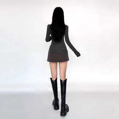 Y2K Grunge Emo 00s Vintage T-Shirt Black Grey Striped Off Shoulder Long Sleeve Jumper Top Chic Women Autumn Retro Goth Tee Shirt