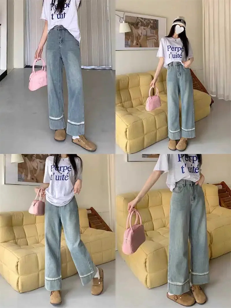 High Waist Straight Leg Jeans Women's plus Size Body Slimming Nine Points Wide Leg Pants Fat Sister MM Fashionable Clothing