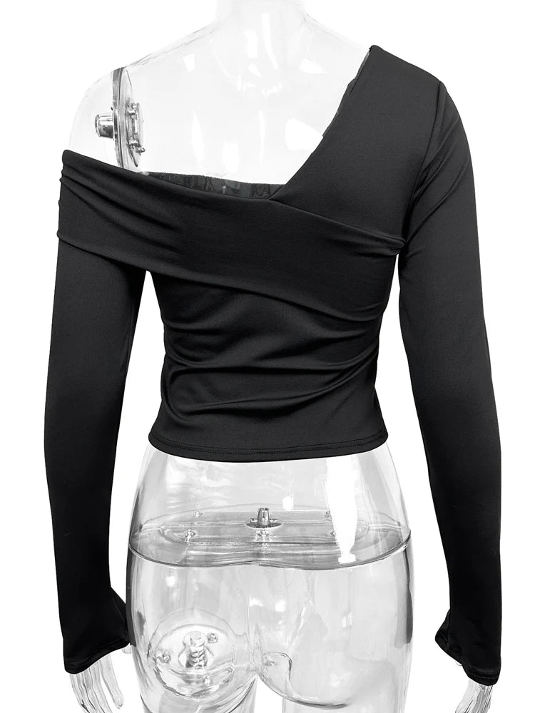 Fairyshely 2025 Spring Casual Black T-shirt Women Off Shoulder Long Sleeve Bodycon Crop Top Autumn Lady Clud Party Short Tops