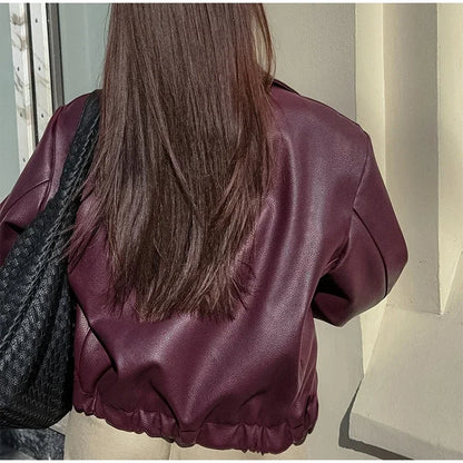 Zekye Spring Summer Women Jackets Fashion Lapel Zipper Long Sleeve Female Coats Lady Street Outwear Burgundy Leather Jacket