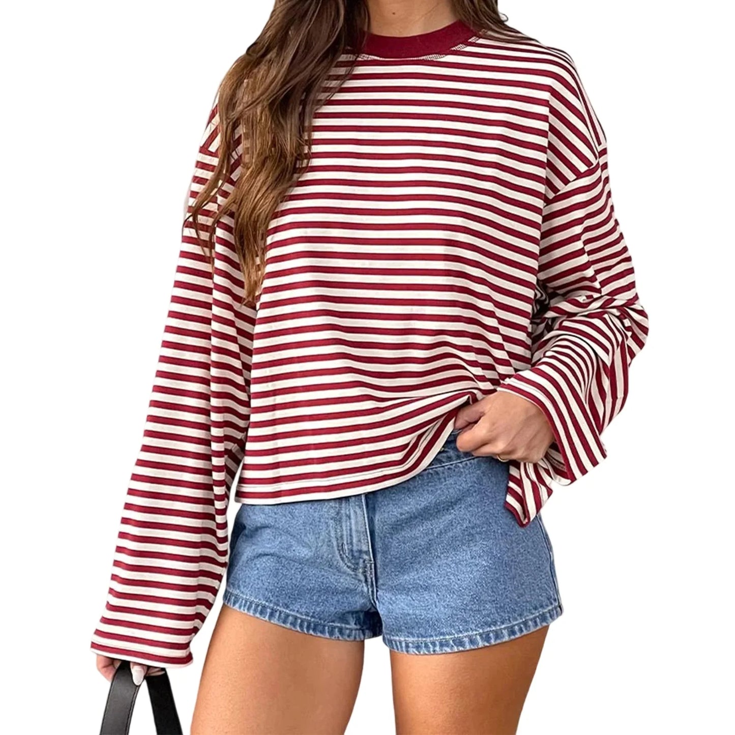 2025 Women Retro T-shirt Long Sleeve Crew Neck Loose Ladies Fall Casual Striped Top Streetwear