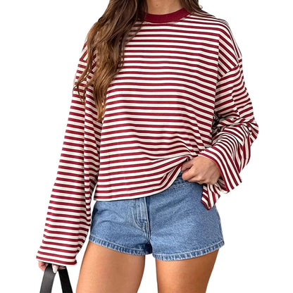2025 Women Retro T-shirt Long Sleeve Crew Neck Loose Ladies Fall Casual Striped Top Streetwear