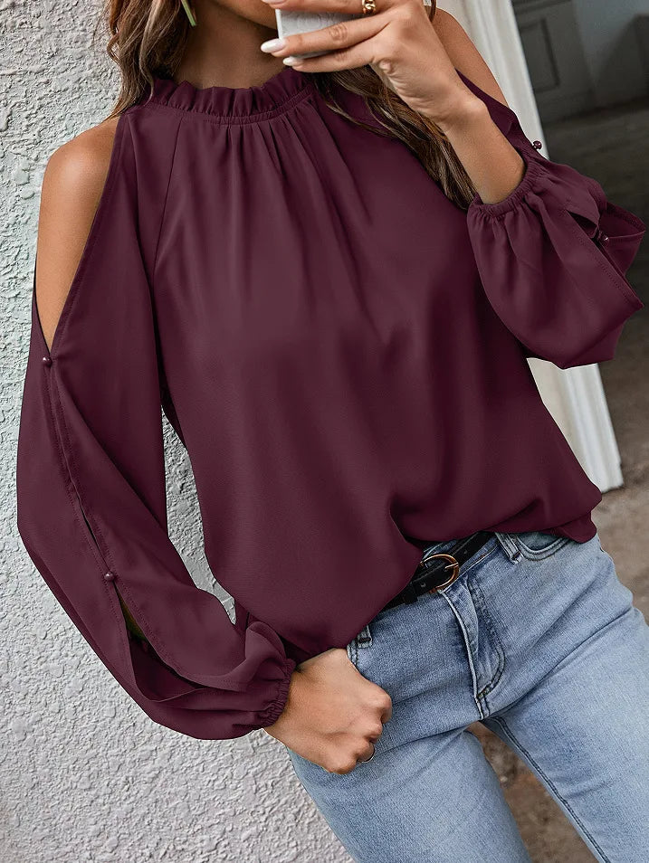Fashion lotus leaf pleat semi high neck off shoulder hollowed out long sleeved top spring autumn women's elegant temperament top