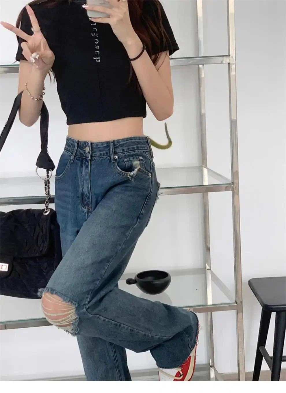 Vintage High-Waisted Wide-Leg Jeans Women's Spring New Loose-Fit Slimming Plus Size Pear-Shaped Body Straight-Leg Pants