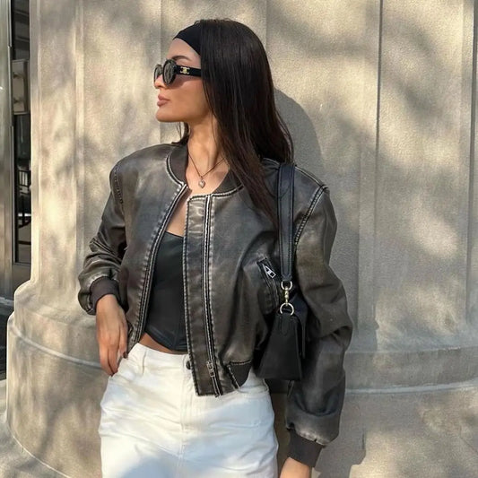 RARF Women Washed Leather Loose Jacket Vintage Stand Collar Gradient Zipper Short Coat Spring Lady Locomotive Style Chic Coat