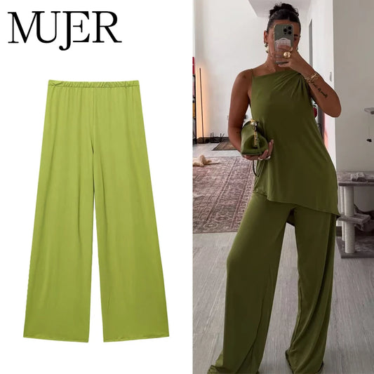 MUJER Women's Pants Sets Pleated Wide Leg Pants for Women Casual High Waist Pants Women Baggy Summer Pants Woman 2025 Trousers