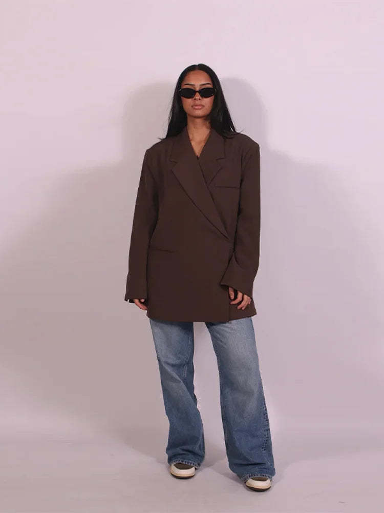 Fashion Lapel Suit Jacket Women Casual Loose Short Sleeve Office Lady Coat 2025 New Chic Autumn Single Button Oversize Jacket